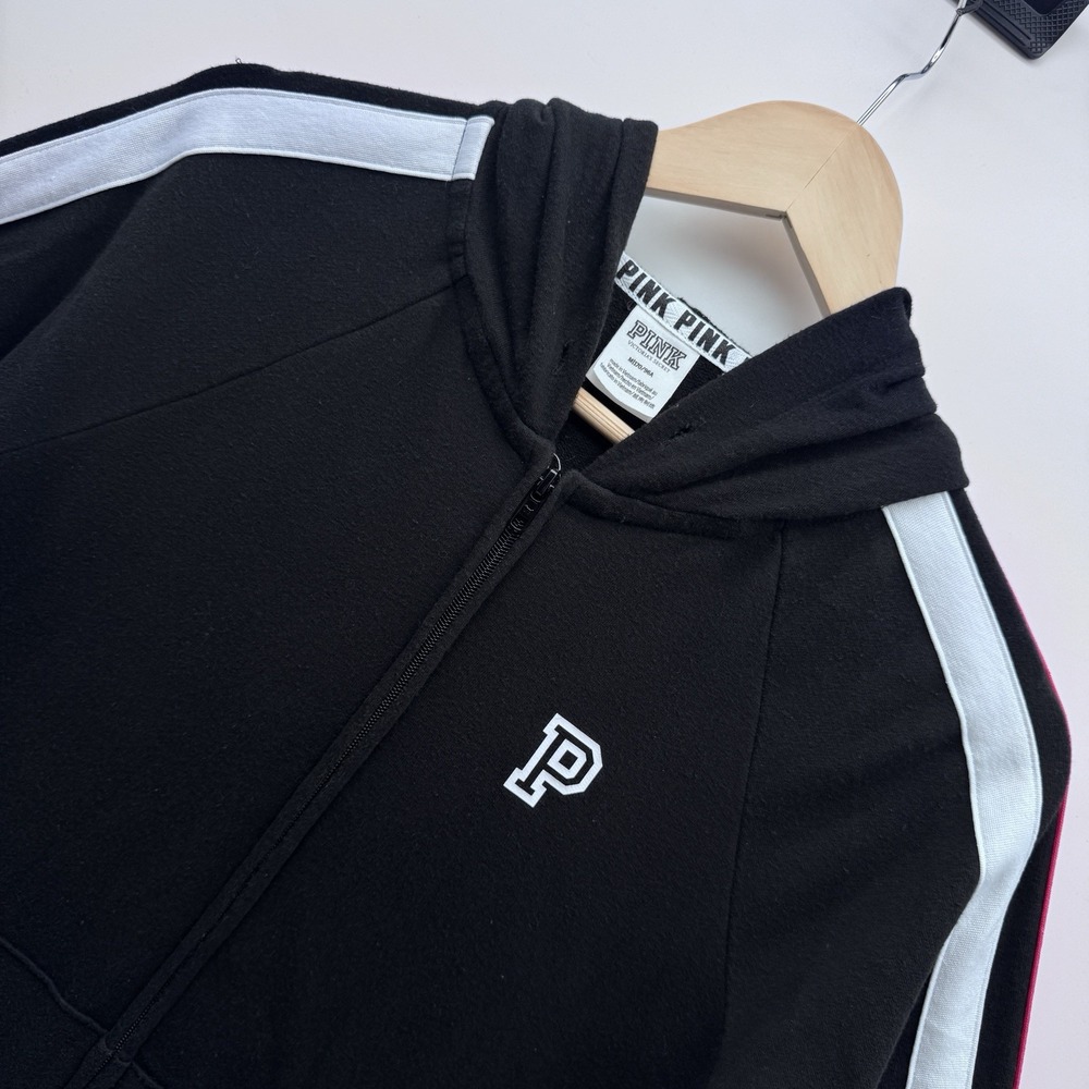 PINK Victoria's Secret Full Zip Hoodie Medium Black White Pink Sleeve Stripe P
